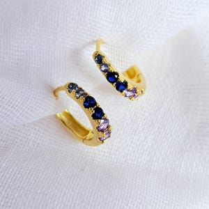 16k Gold Sterling Silver Graded Blue cubic zirconia Hoop earrings,gift for her,blue purple gem studded gold hoops ear stacking