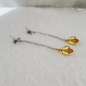 925 Sterling Silver earrings,floral earrings,tulips,gold plated,dangle drop,minimalist jewellery,chain dangling earrings,cubic zirconia gem image 2