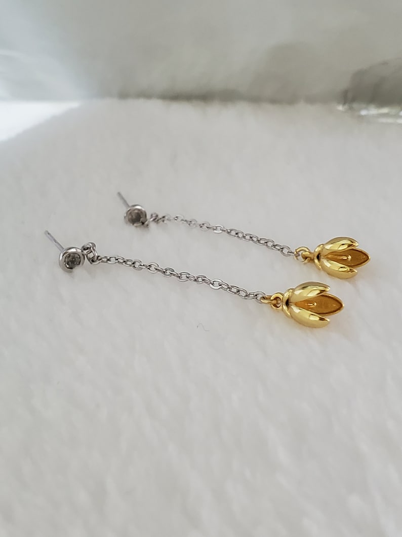 925 Sterling Silver earrings,floral earrings,tulips,gold plated,dangle drop,minimalist jewellery,chain dangling earrings,cubic zirconia gem image 2