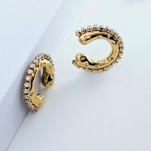 18k Gold Hammered Ear Cuffs Fake Helix piercing,cubic zirconia spiked geometric ear cuff,large statement gold ear cuff