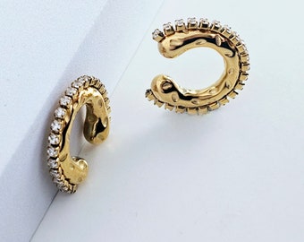18k Gold Hammered Ear Cuffs Fake Helix piercing,cubic zirconia spiked geometric ear cuff,large statement gold ear cuff