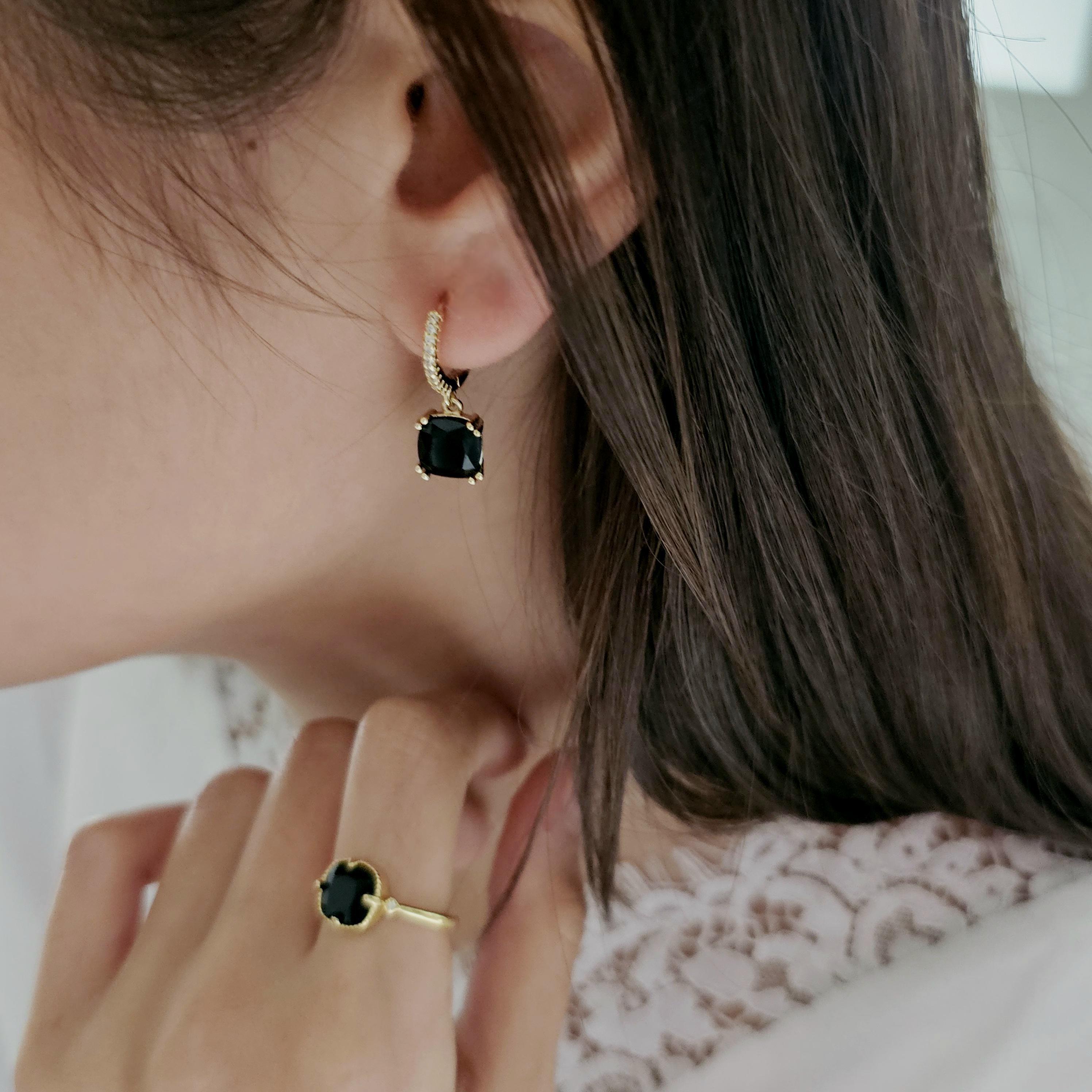 Square Black Onyx 18k Gold Round Hoop Earrings,black Onyx