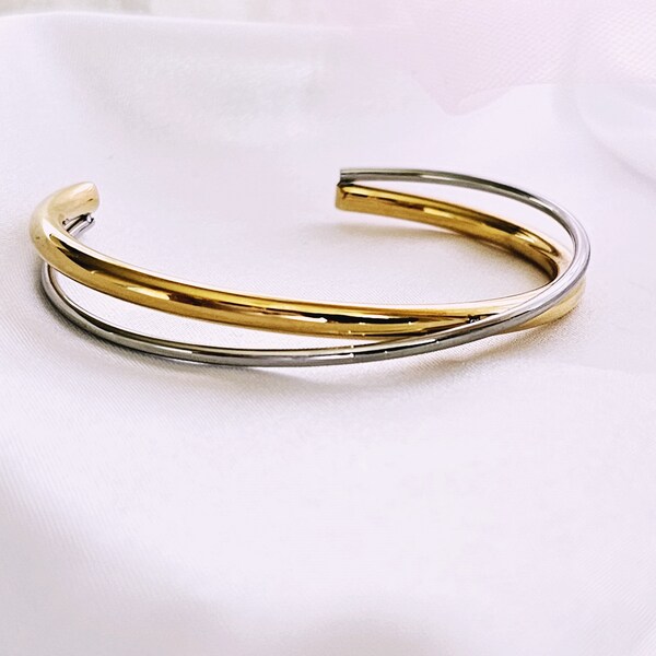 Tarnishfree Sterling Silver 18K Gold plated open cuff bangle bracelet Adjustable,minimalist crossover cuff bracelet unique statement bangle