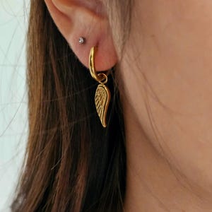 Angel Wings Tarnishfree Hoop earrings,18k gold detachable charm hoops,dangle drop lucky hoop earrings,stacking ear,gift for her