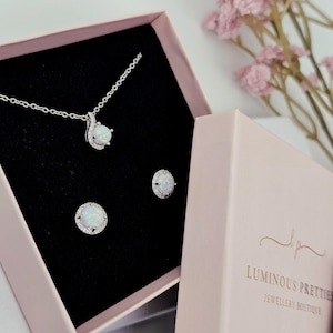 White Opal Sterling Silver Necklace And Earrings Set. gift set adjustable length necklace