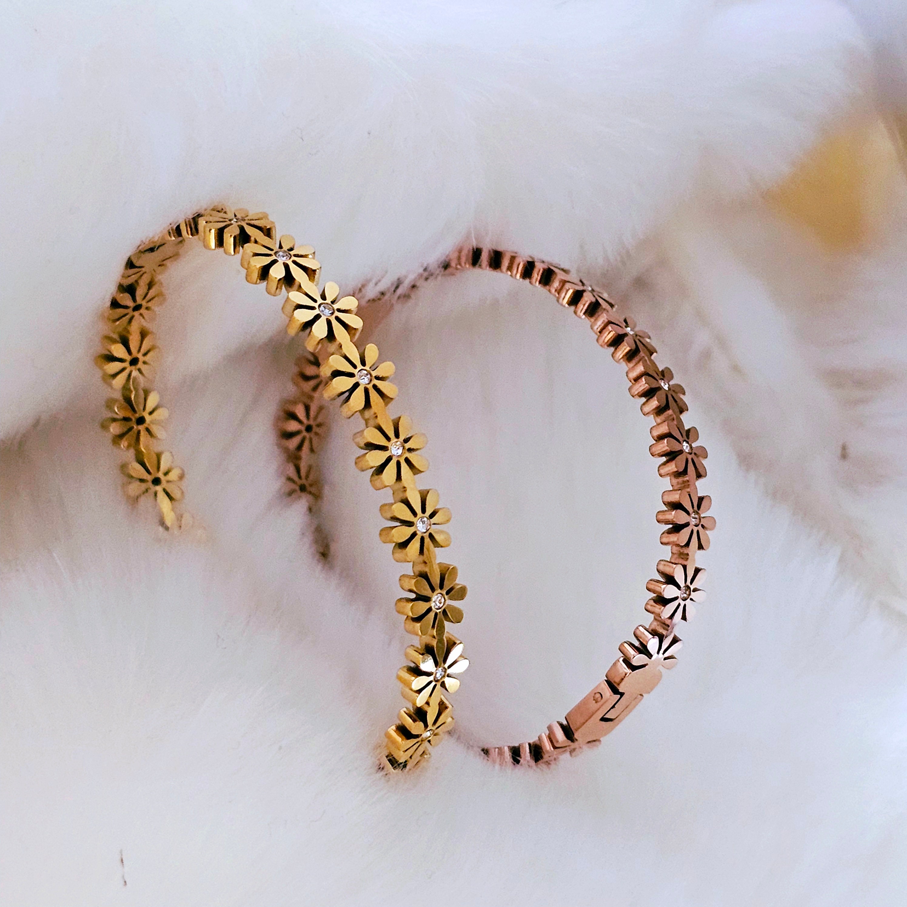 Floral tarnishfree Carved 18K Gold Bracelet Bangle Floral Cuff bracelet stackable bangle rose Gold Waterproof Statement bangle waterproof