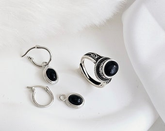 Sterling silver Oval Black Onyx Hoop drop earrings,detachable gemstone charm earring,gift for her,dangling earrings,silver onyx open ring