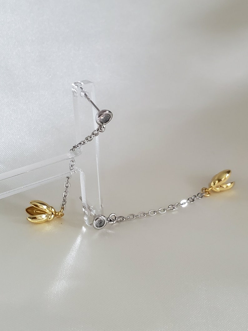 925 Sterling Silver earrings,floral earrings,tulips,gold plated,dangle drop,minimalist jewellery,chain dangling earrings,cubic zirconia gem image 6