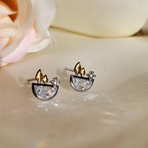 Plant gold leaf water illusion studs Sterling silver Gold plated earrings,push back earrings,gift,dainty,unique,gold silver jewellery