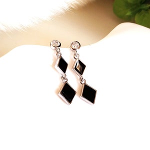 925 Sterling silver diamond dangle drop earrings,black cloisonné enamel geometric drop earrings,cubic zirconia studded drop earrings