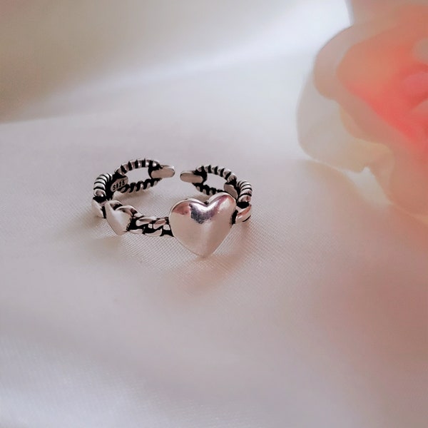 925 Sterling Silber Herz Ring, oxidierter schwarzer umrandeter Ring, verstellbarer Ring, offener Bandring, Silberkettengliedbandring, Vintage Silberring,
