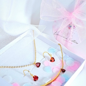 18k Gold Garnet Red Heart pendant necklace dangle drop heart earrings Bracelet gift set adjustable length necklace, Gold Bar heart charm