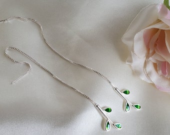 925 Sterling silver threader green enamel leaf earrings