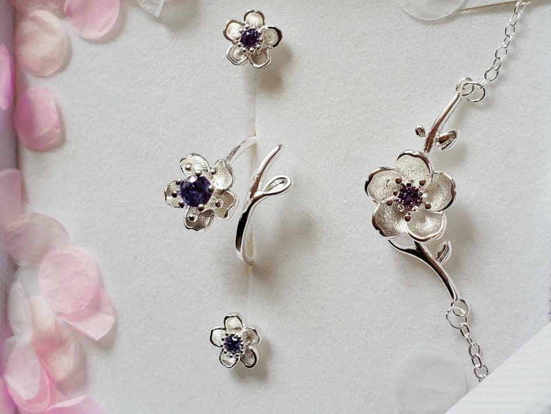S925 Sterling silver adjustable necklace jewellery set earrings ring purple Cubic Zircon stone Daisy pendant floral,adjustable ring