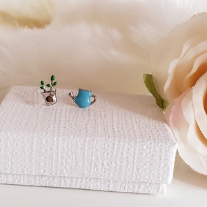 blue green enamel earrings plant,925 Sterling silver earring