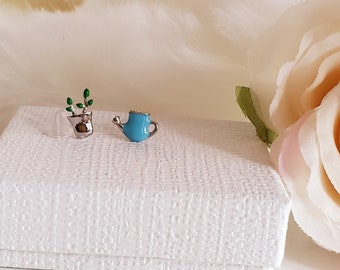blue green enamel earrings plant,925 Sterling silver earring