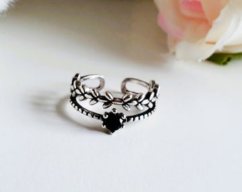 Onyx Leaf Sterling Silver Adjustable Ring,Silver plated Oxidised ring,double band midi ring,statement ring,gift,textured ring,stackable