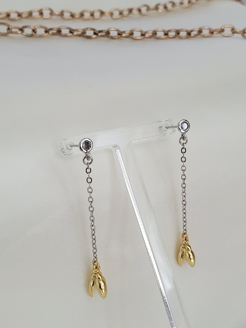 925 Sterling Silver earrings,floral earrings,tulips,gold plated,dangle drop,minimalist jewellery,chain dangling earrings,cubic zirconia gem image 3