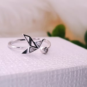 Origami Bird Sterling Silver Adjustable ring,papercrane silver ring,cubic zirconia stone ring,gift for her,unique geometric silver ring