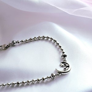 Crescent moon Star Sterling silver adjustable beaded chain bracelet