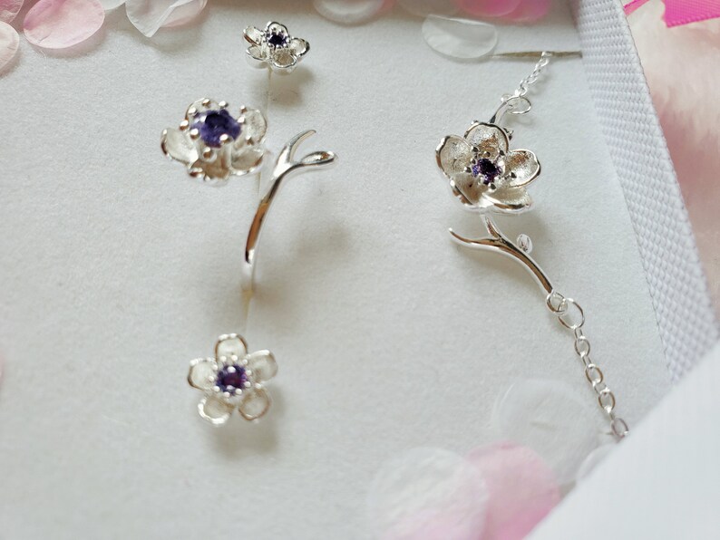S925 Sterling silver adjustable necklace jewellery set earrings ring purple Cubic Zircon stone Daisy pendant floral,adjustable ring