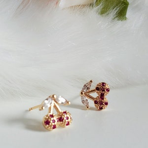 Micro Pave Cubic Zirconia earrings,simulated diamond earrings,red stone earrings,cherry charm,14K gold plated,gift,sparkling earrings