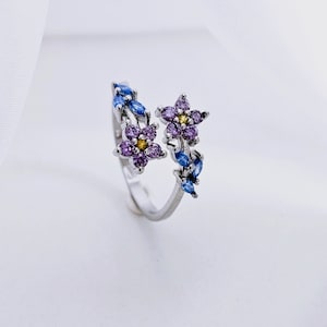 Amethist vergeet-mij-nietje bloemen verstelbare open ring van sterlingzilver