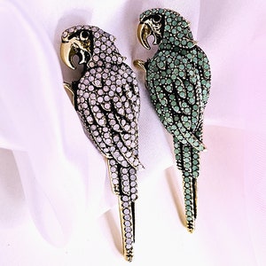 Parrot Brooch gems pearl white and Green quirky bird brooch,unusual lapel pins,coat accessories,bird lovers gift coloured 3D bird brooch