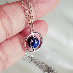 Earth Rotating Sterling silver globe Enamel pendant necklace