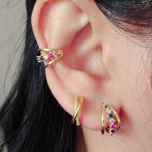 18k Gold round half Hoop Gemstone earrings,hollow hoop studs,gift for her,coloured gem gold hoop earring,Gold no piercing cuffs ear stacking
