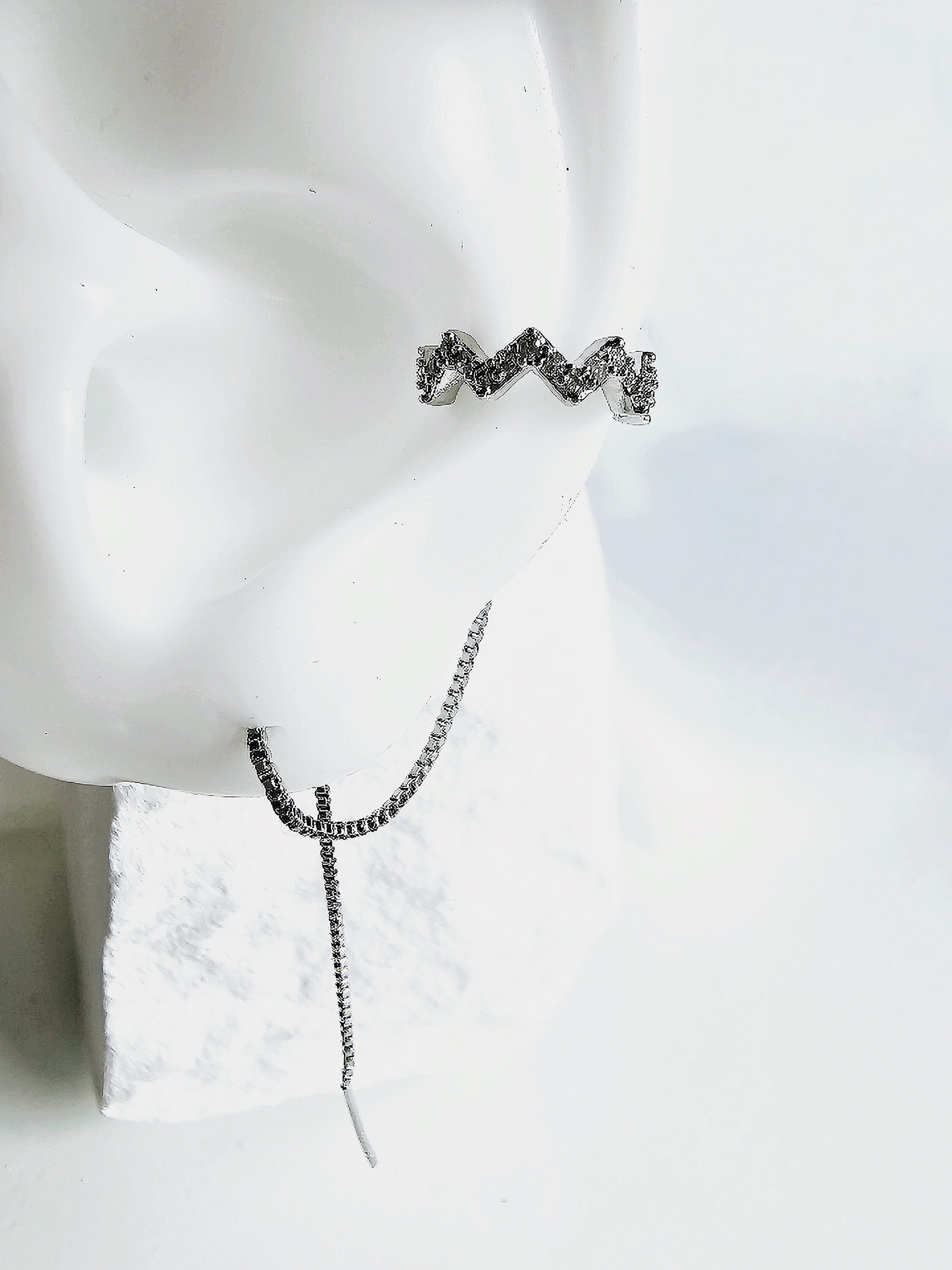 Ear Cuff Chain Threader Earrings Sterling Silver Crystal
