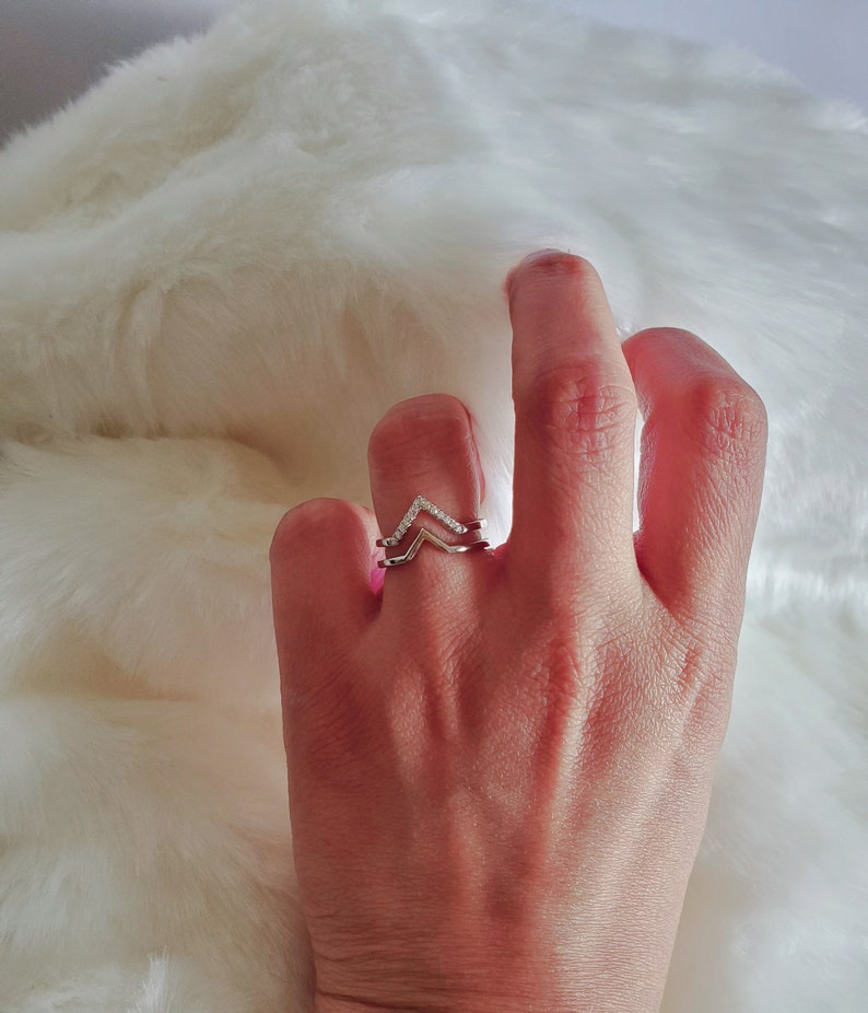 925 Sterling Silver V ring,Adjustable ring,gift,cubic zirconia,zircon silver ring,statement ring,promise ring,double band,geometric ring