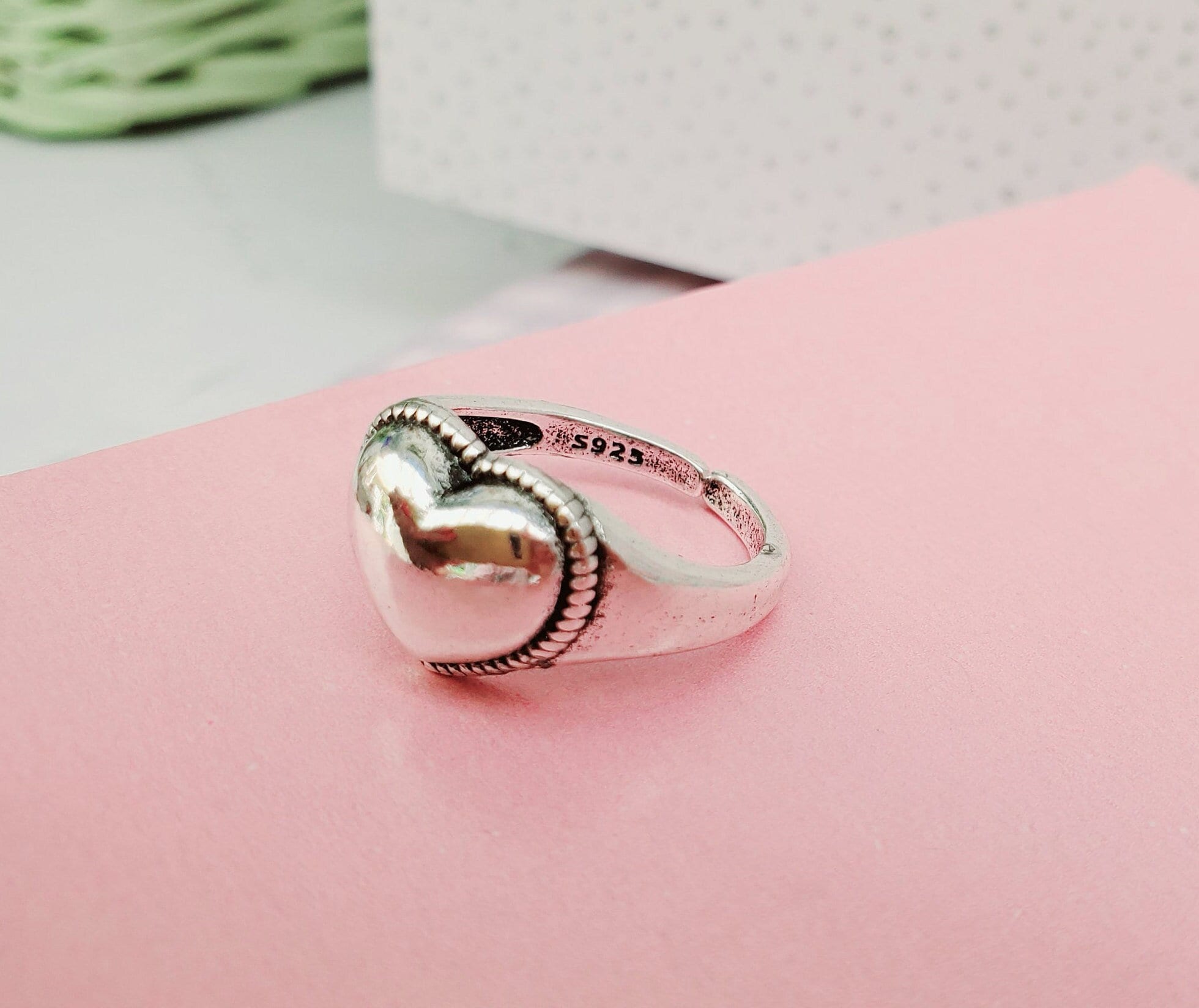 3D 925 Sterling Silver Big Heart Black Rimmed Raised Adjustable