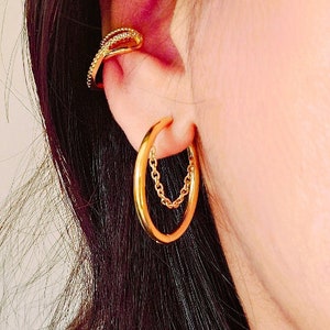 Large Round Gold Chain dangle Hoop earrings 18k Gold