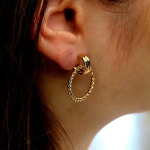 Chunky Twist Duo Stud Gold Faux Hoops | 18k Gold Plated Faux Hoop Earrings | Waterproof, Tarnish-Free Grometric dangle drop  gold earrings