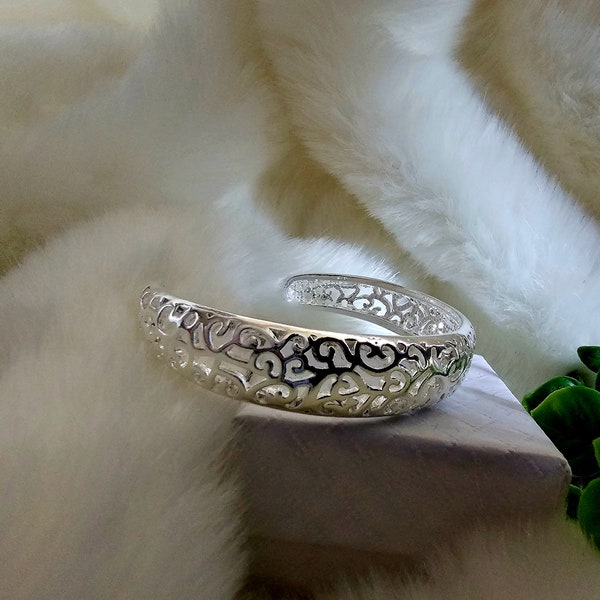 Floral hollow Sterling Silver bracelet open bangle Adjustable,textured floral cuff bracelet,stackable bangle,statement bangles,bangle box