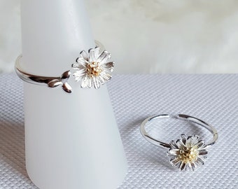 925 Sterling Silver Daisy Simple dainty flower ring, adjustable ring,gift,leaf ring,gold plated ring,statement ring,dainty ring,floral ring