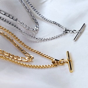 Tarnishfree 18K Gold T-Bar necklace,sterling silver T-bar chunky cuban and Figaro double Chain necklace,gift,stacking balance bar necklace