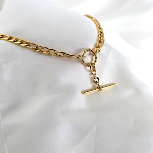 Tarnishfree 18K Gold T-Bar charm necklace,adjustable chunky cuban Chain,gift,O charm Necklace,balance Bar stacking gold necklace