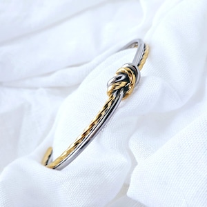 Tarnishfree Sterling Silver 18K Gold plated open cuff Hammered bangle bracelet,two tone gold and silver knot double cuff bracelet