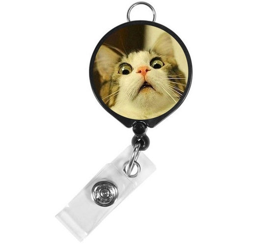 Shocked Cat Badge Reel MEME Cat Startled Cat Funny Cat Cat Lover