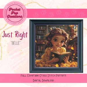 Belle-Just Right Size is een volledig dekkende kruissteek, compatibel met pdf en patroonhouder, Belle en het beest, Lees een boek, Betoverde roos