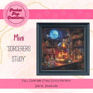 May include: A cross stitch pattern of a magical study with a bookshelf, a glass dome, and a glowing moon. The pattern is titled "Sorcerers Study" and is a full coverage cross stitch pattern.