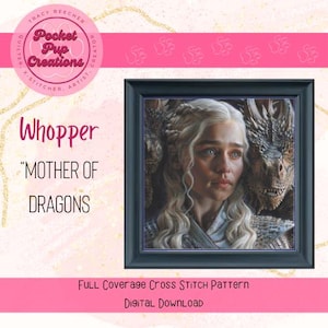 May include: A full coverage cross stitch pattern featuring Daenerys Targaryen, also known as "Mother of Dragons", from the popular TV series Game of Thrones. The pattern is framed in a black frame with a purple mat. The pattern is available as a digital download.