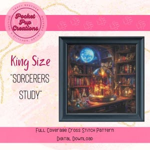 May include: A framed cross stitch pattern of a magical study with a bookshelf, a glass dome, and a moon in the background. The title of the pattern is "Sorcerers Study" and it is a king size pattern.