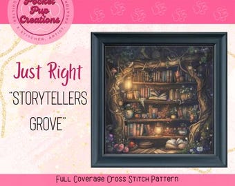 Storyteller Grove genau die richtige Größe, Kreuzstich mit voller Abdeckung, sofortiges PDF, Musterbewahrer, Kreuzstich-PDF, Bibliothekskreuzstich