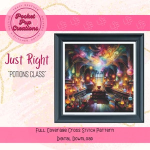 Puede incluir: Un patrón de punto de cruz digital que presenta un aula de pociones mágicas con un arcoíris de colores giratorios y botellas brillantes. El título "Just Right" y "POTIONS CLASS" se muestran debajo de la imagen.