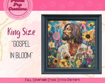 Evangelio en Flor Tamaño King - Patrón de Punto de Cruz de Jesús PDF - Arte Cristiano de Cobertura Completa - Diseño de Mosaico Floral - Compatible con Pattern Keeper