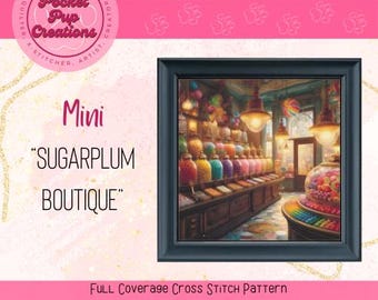 Sugarplum Boutique miniformaat kruissteek met volledige dekking, instant pdf-download, patroonhouder, pdf-kruissteek, Candy Store xstitch