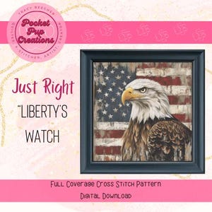 Liberty&#39;s Watch-Just Right Size is a full coverage cross stitch, PDF and pattern keeper compatible,American Eagle Flag,